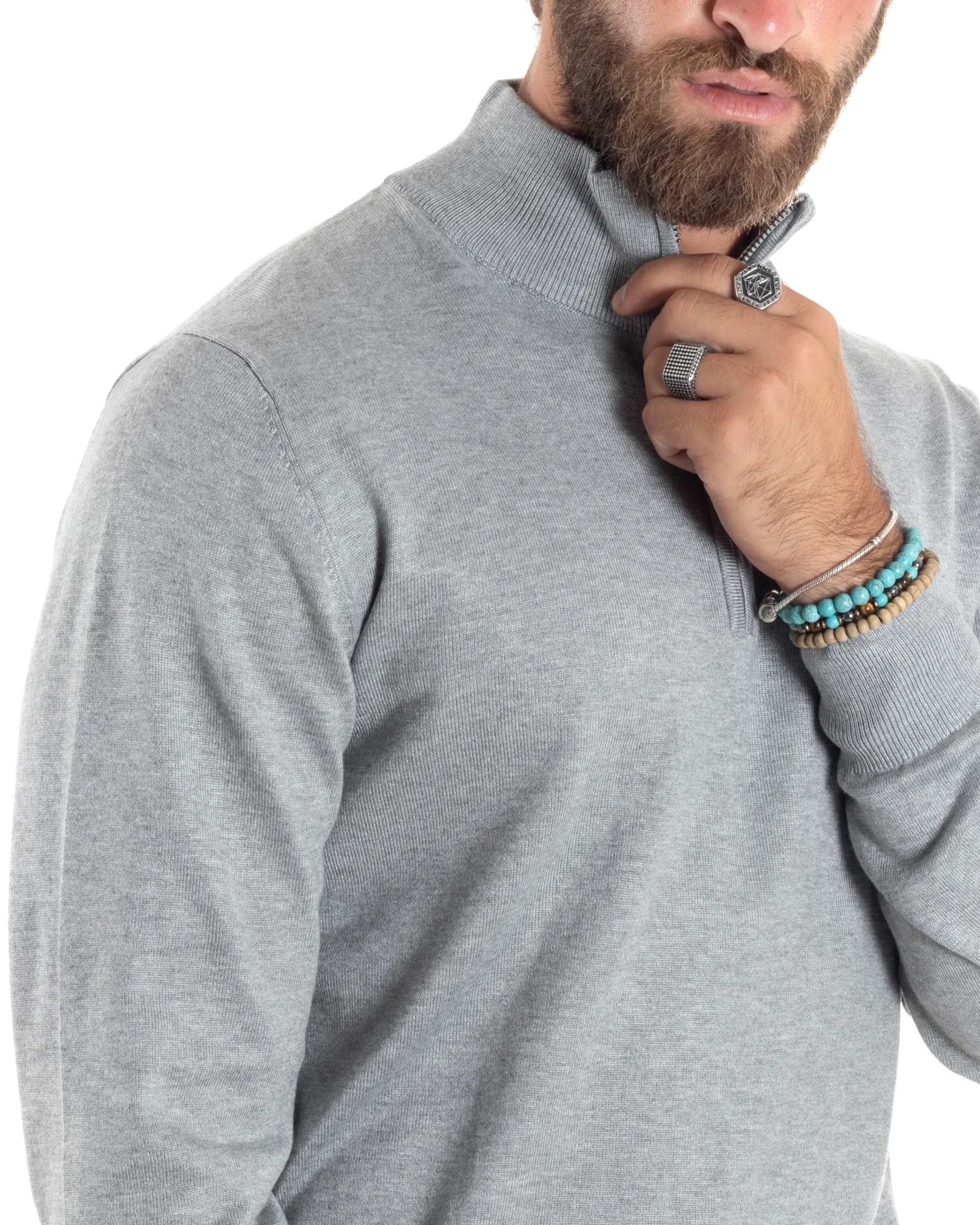 Maglioncino Uomo Maglia Maniche Lunghe Rasata Basic Pullover Mezza Zip Tinta Unita Grigio GIOSAL-M2841A
