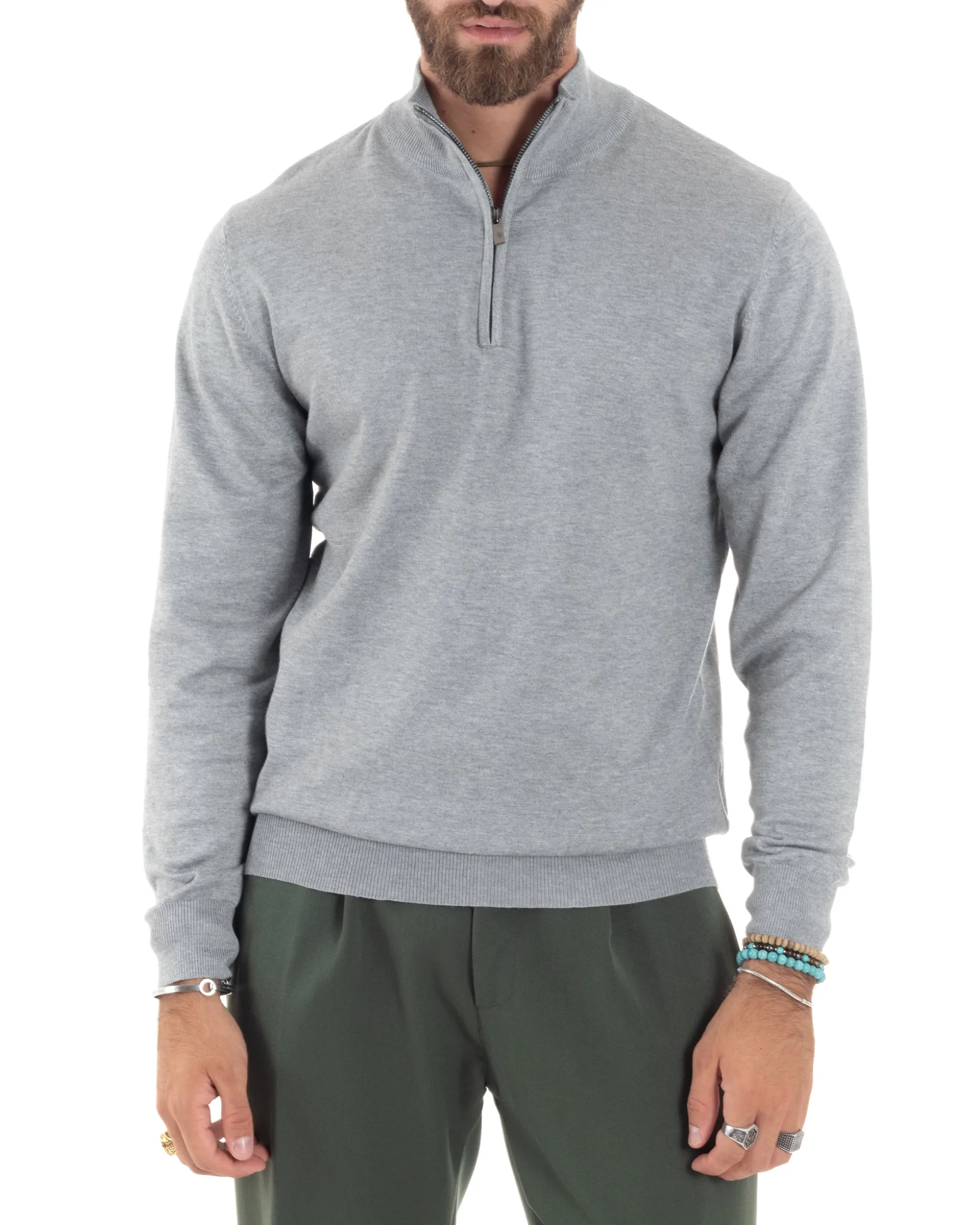 Maglioncino Uomo Maglia Maniche Lunghe Rasata Basic Pullover Mezza Zip Tinta Unita Grigio GIOSAL-M2841A