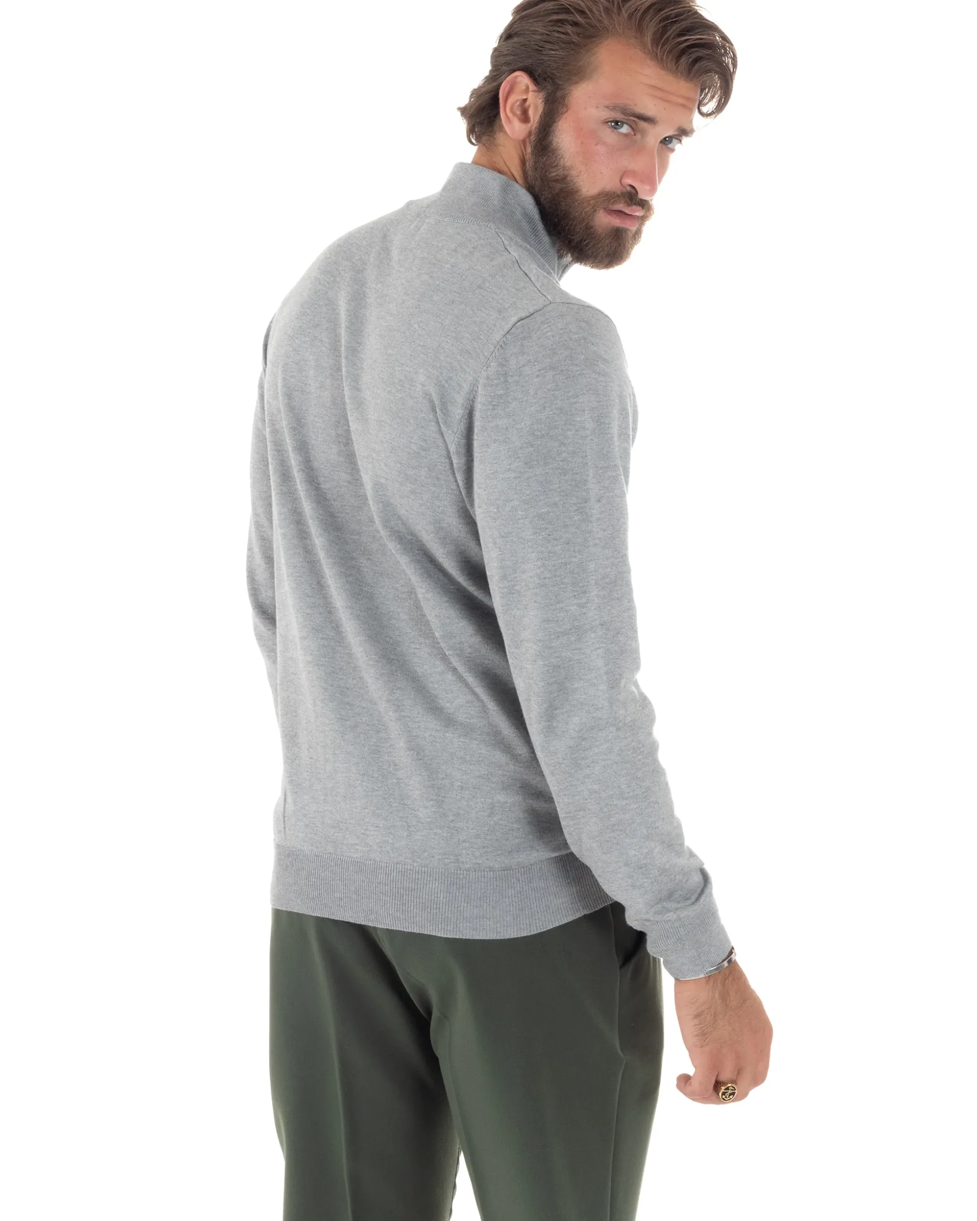 Maglioncino Uomo Maglia Maniche Lunghe Rasata Basic Pullover Mezza Zip Tinta Unita Grigio GIOSAL-M2841A