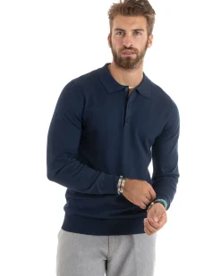 Maglioncino Uomo Maglia Polo Basic Filo Cotone Blu M2985A