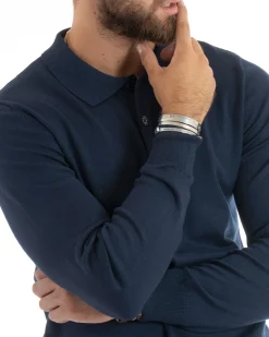 Maglioncino Uomo Maglia Polo Basic Filo Cotone Blu M2985A
