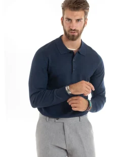 Maglioncino Uomo Maglia Polo Basic Filo Cotone Blu M2985A