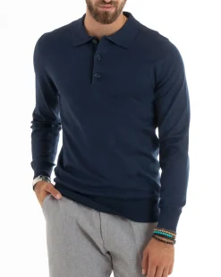 Maglioncino Uomo Maglia Polo Basic Filo Cotone Blu M2985A