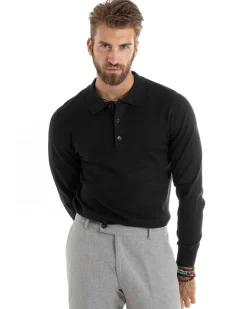 Maglioncino Uomo Maglia Polo Basic Filo Cotone Nero M2983A