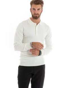 Maglioncino Uomo Maglia Polo Basic Filo Cotone Bianco M2984A