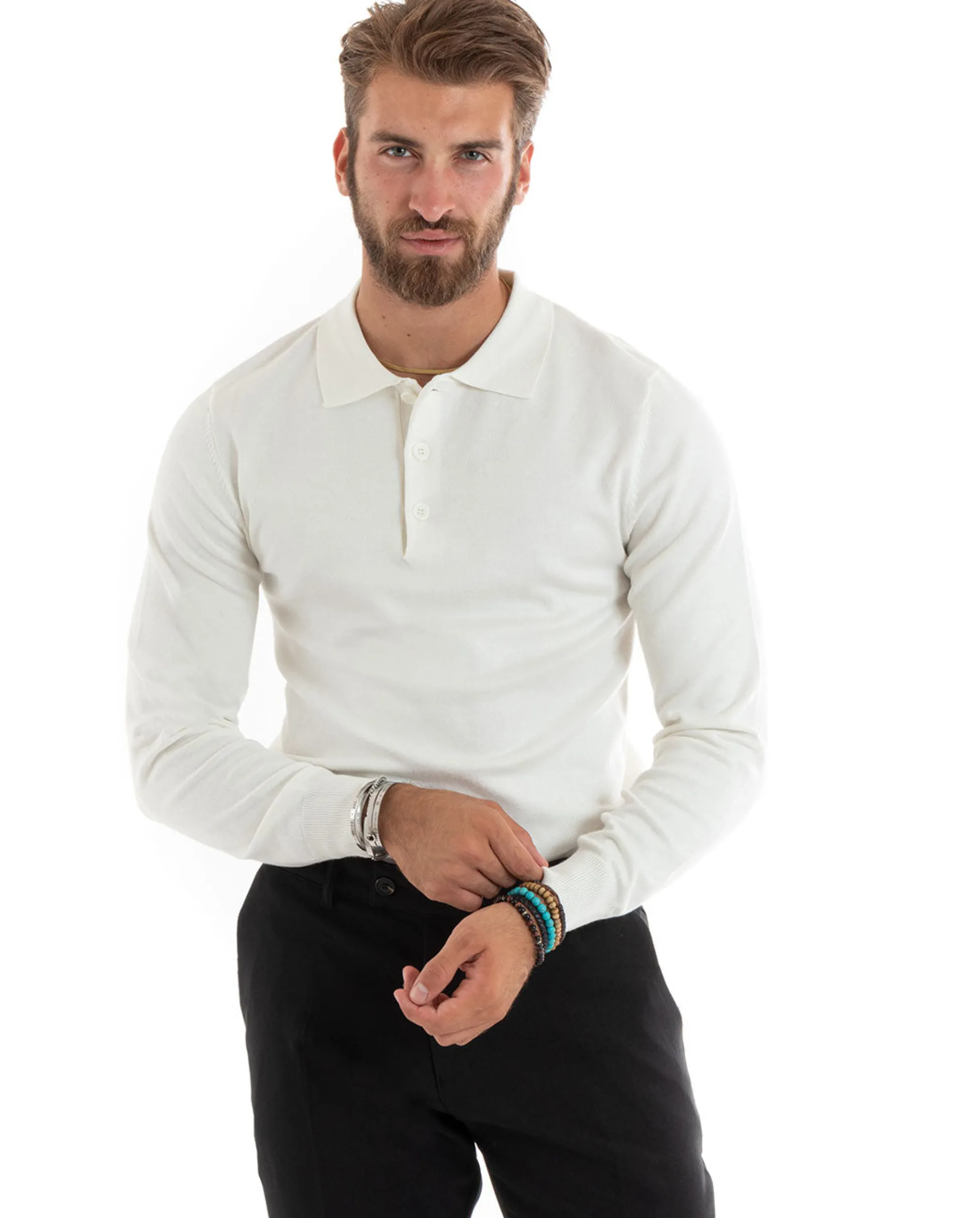 Maglioncino Uomo Maglia Polo Basic Filo Cotone Bianco M2984A