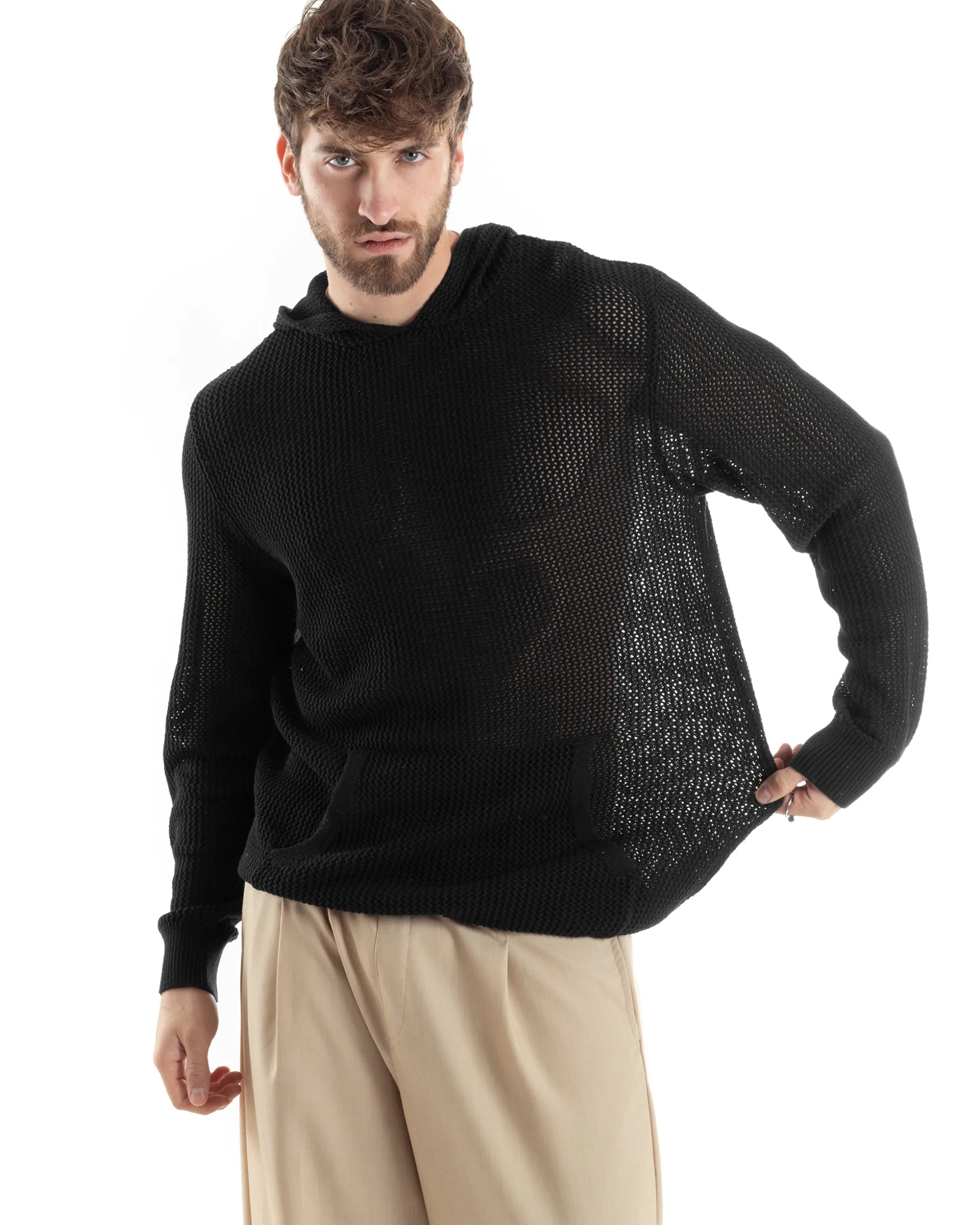Maglioncino Uomo Traforato Con Cappuccio Maglia Bucata Tinta Unita Nero GIOSAL-M2832A