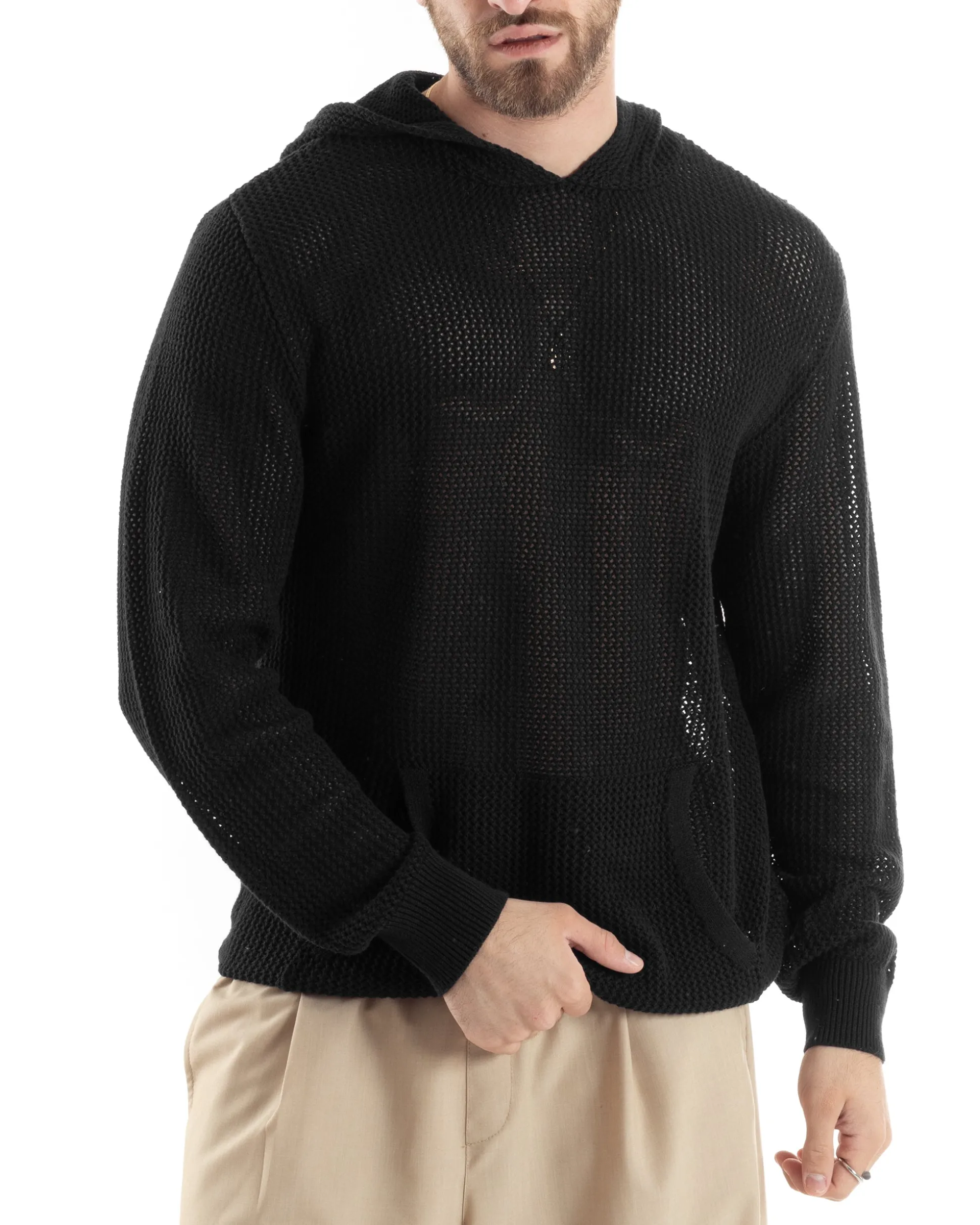 Maglioncino Uomo Traforato Con Cappuccio Maglia Bucata Tinta Unita Nero GIOSAL-M2832A