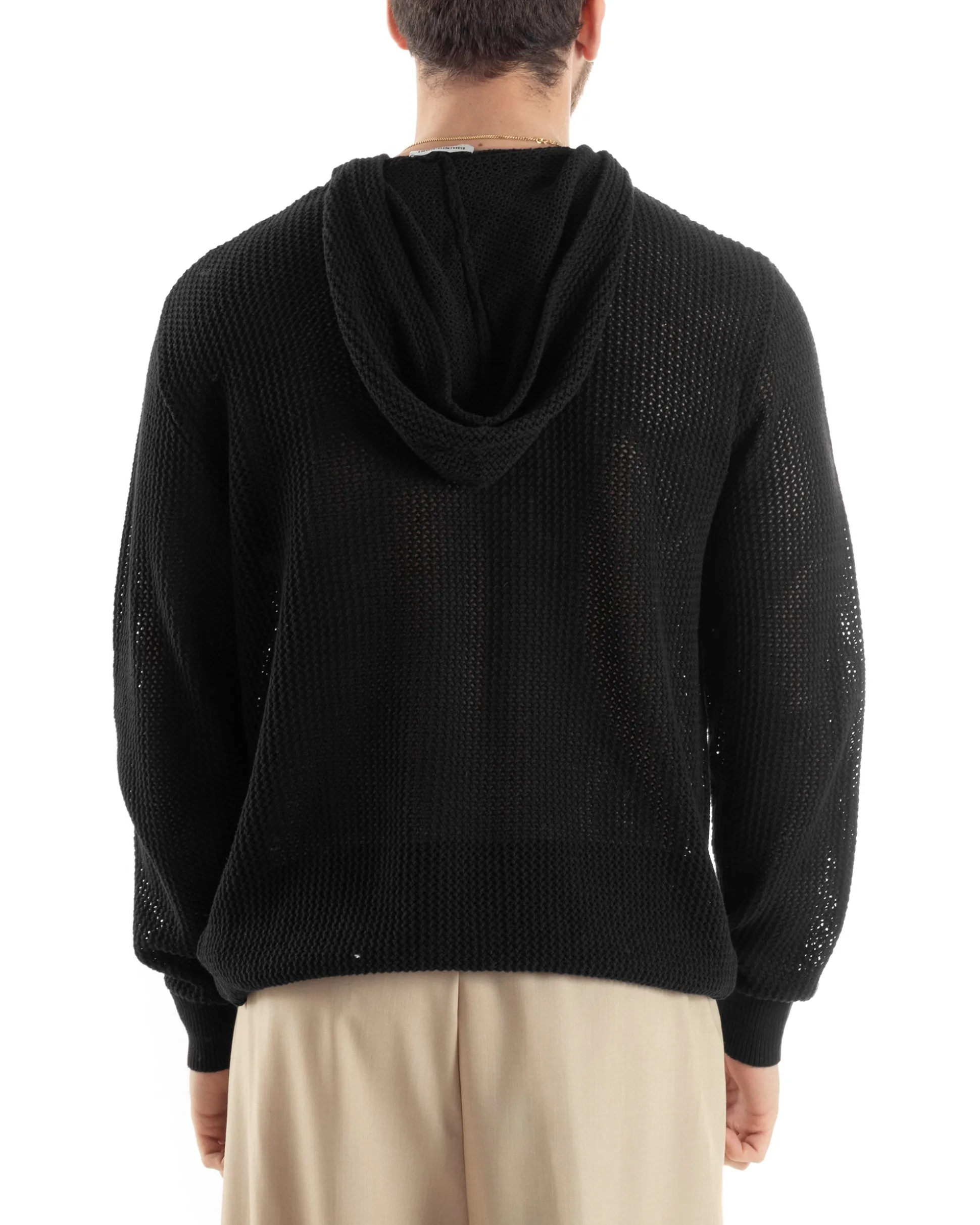 Maglioncino Uomo Traforato Con Cappuccio Maglia Bucata Tinta Unita Nero GIOSAL-M2832A