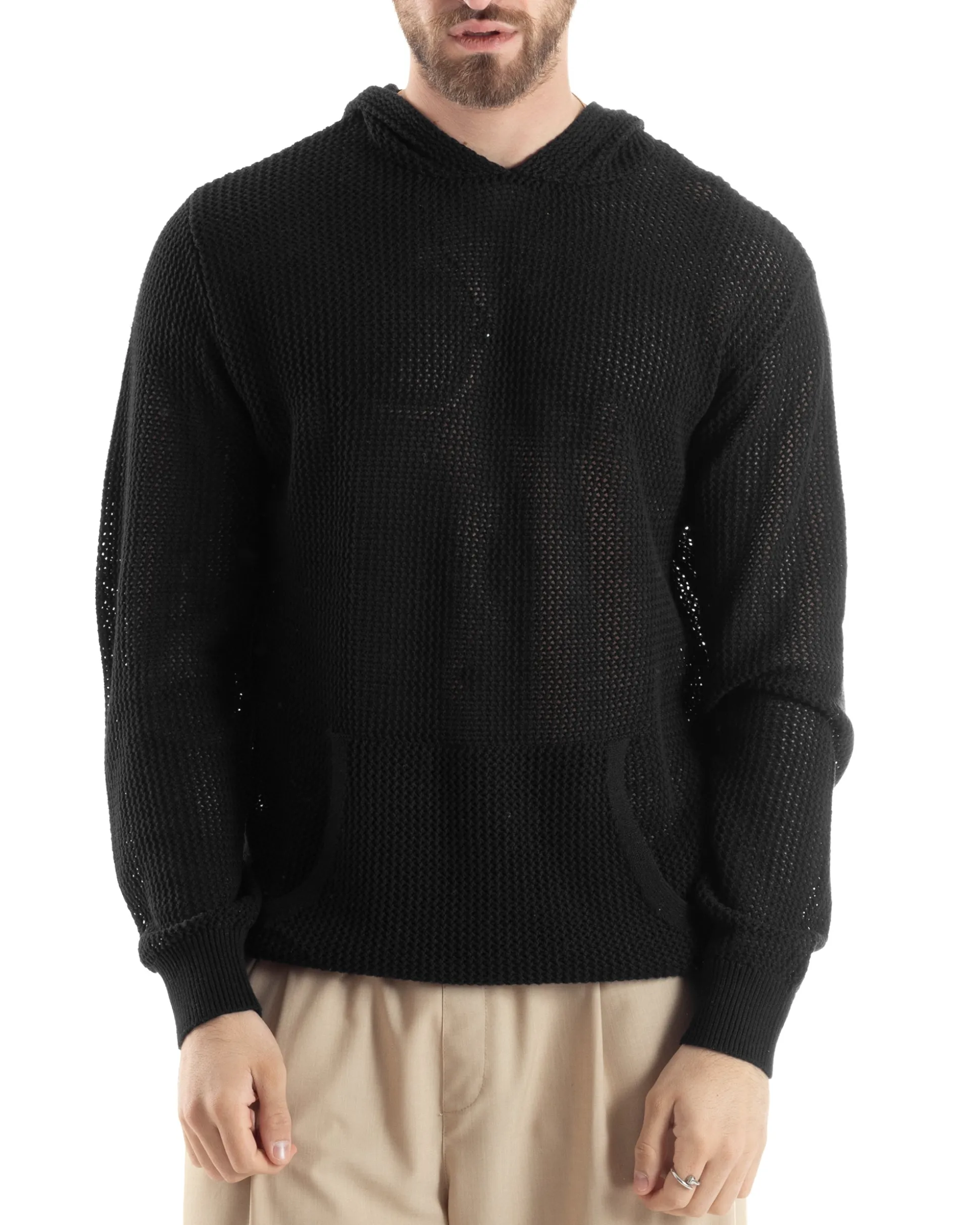 Maglioncino Uomo Traforato Con Cappuccio Maglia Bucata Tinta Unita Nero GIOSAL-M2832A