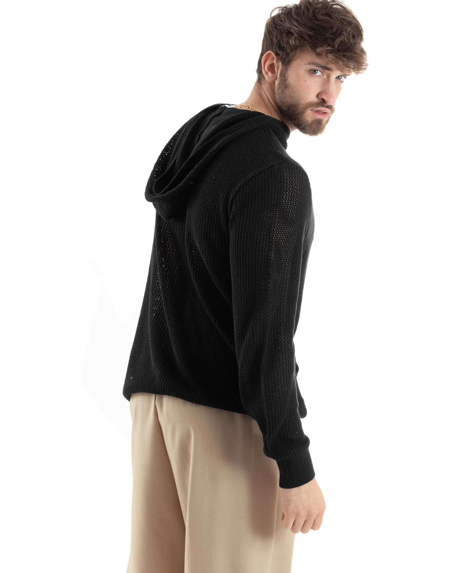 Maglioncino Uomo Traforato Con Cappuccio Maglia Bucata Tinta Unita Nero GIOSAL-M2832A