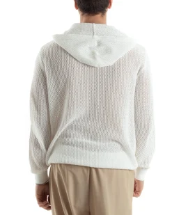 Maglioncino Uomo Traforato Con Cappuccio Maglia Bucata Tinta Unita Bianco GIOSAL-M2834A