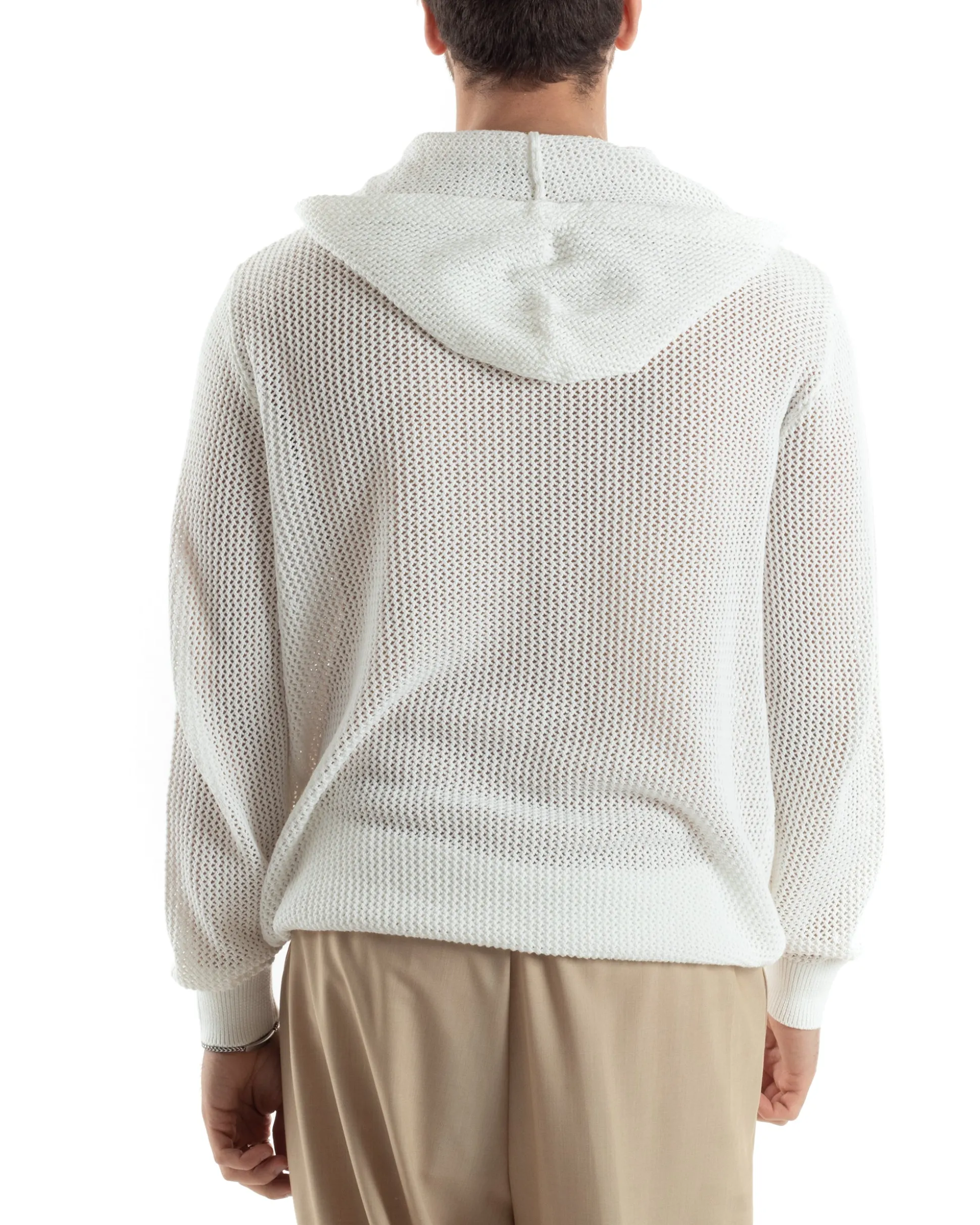Maglioncino Uomo Traforato Con Cappuccio Maglia Bucata Tinta Unita Bianco GIOSAL-M2834A