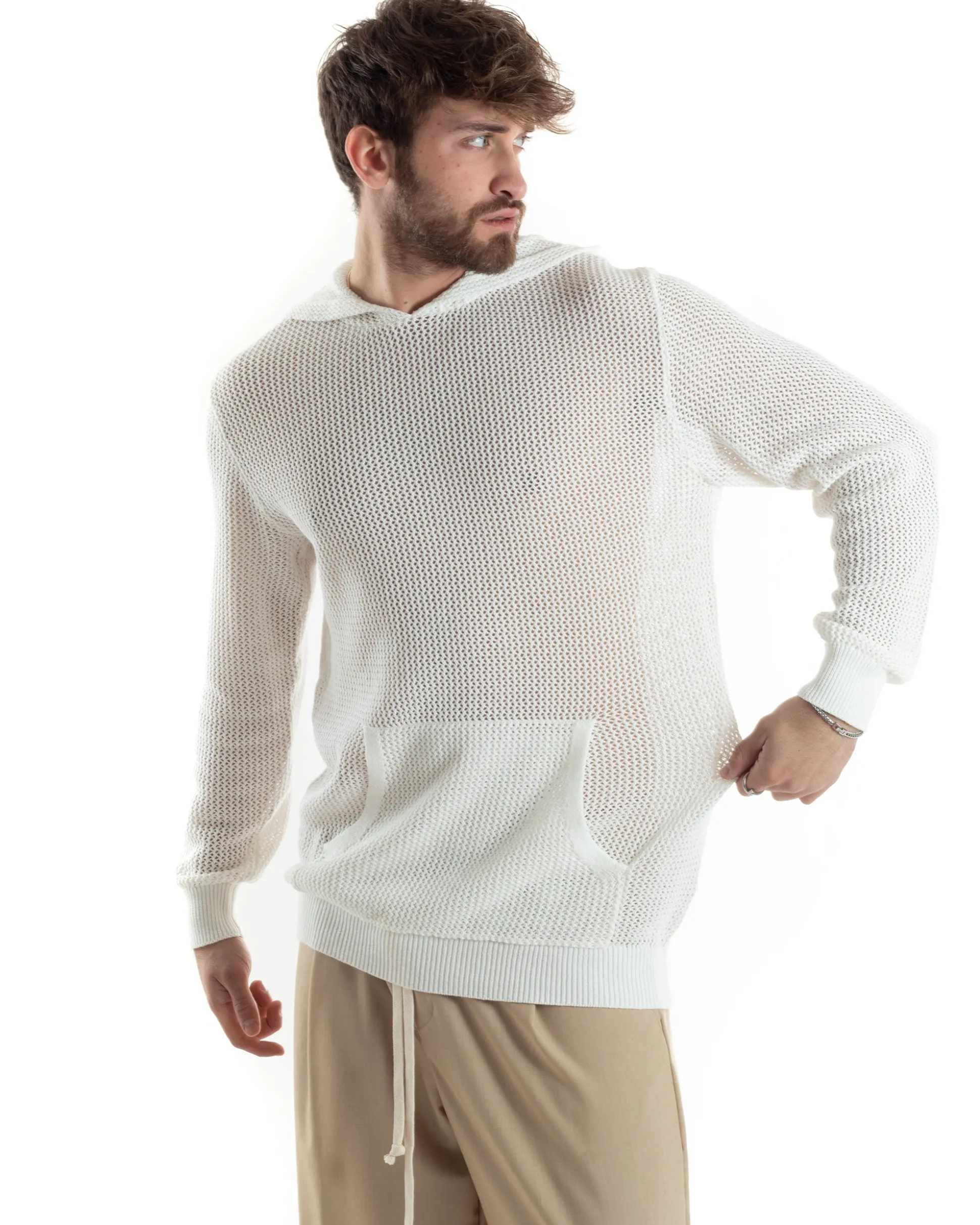 Maglioncino Uomo Traforato Con Cappuccio Maglia Bucata Tinta Unita Bianco GIOSAL-M2834A