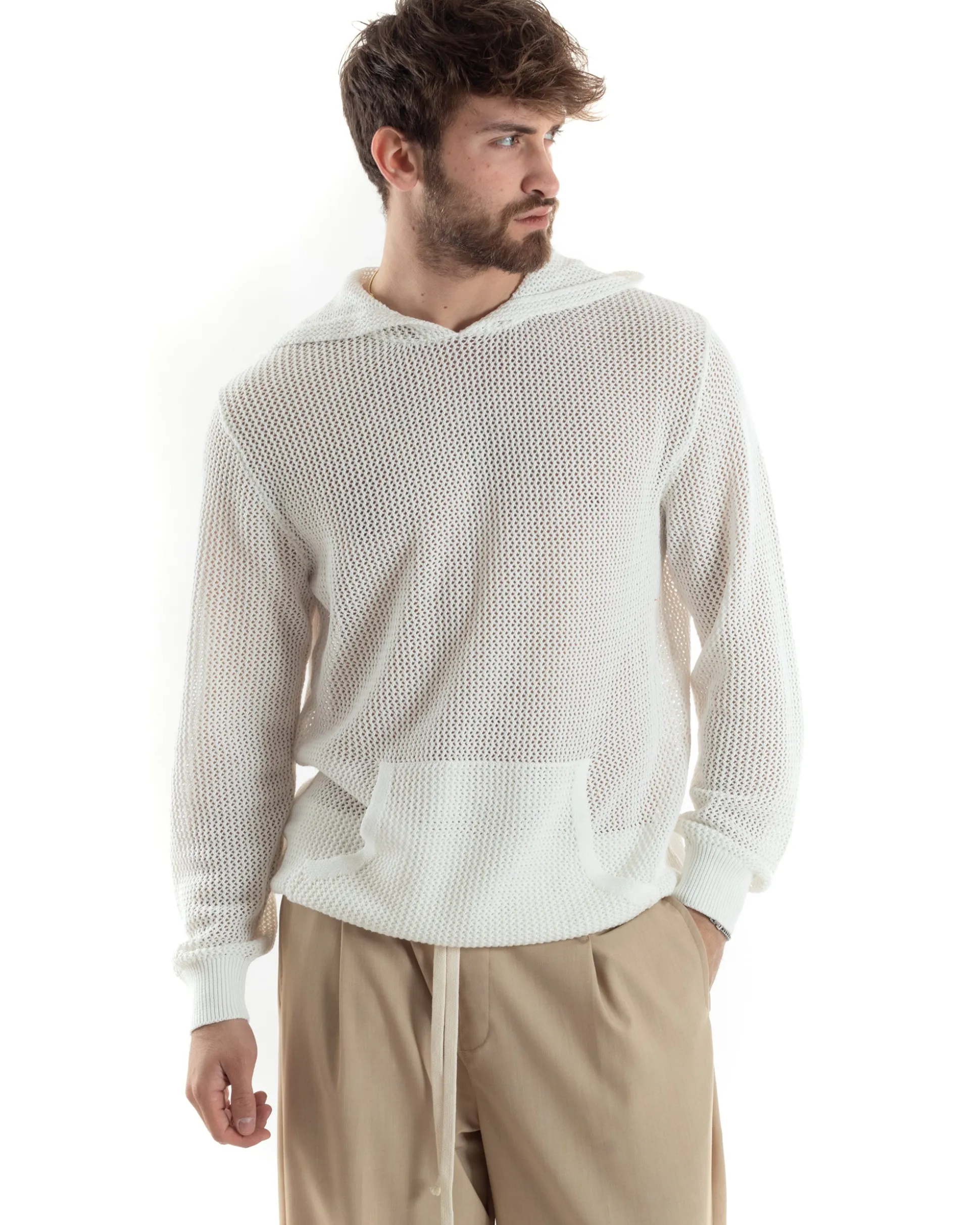 Maglioncino Uomo Traforato Con Cappuccio Maglia Bucata Tinta Unita Bianco GIOSAL-M2834A
