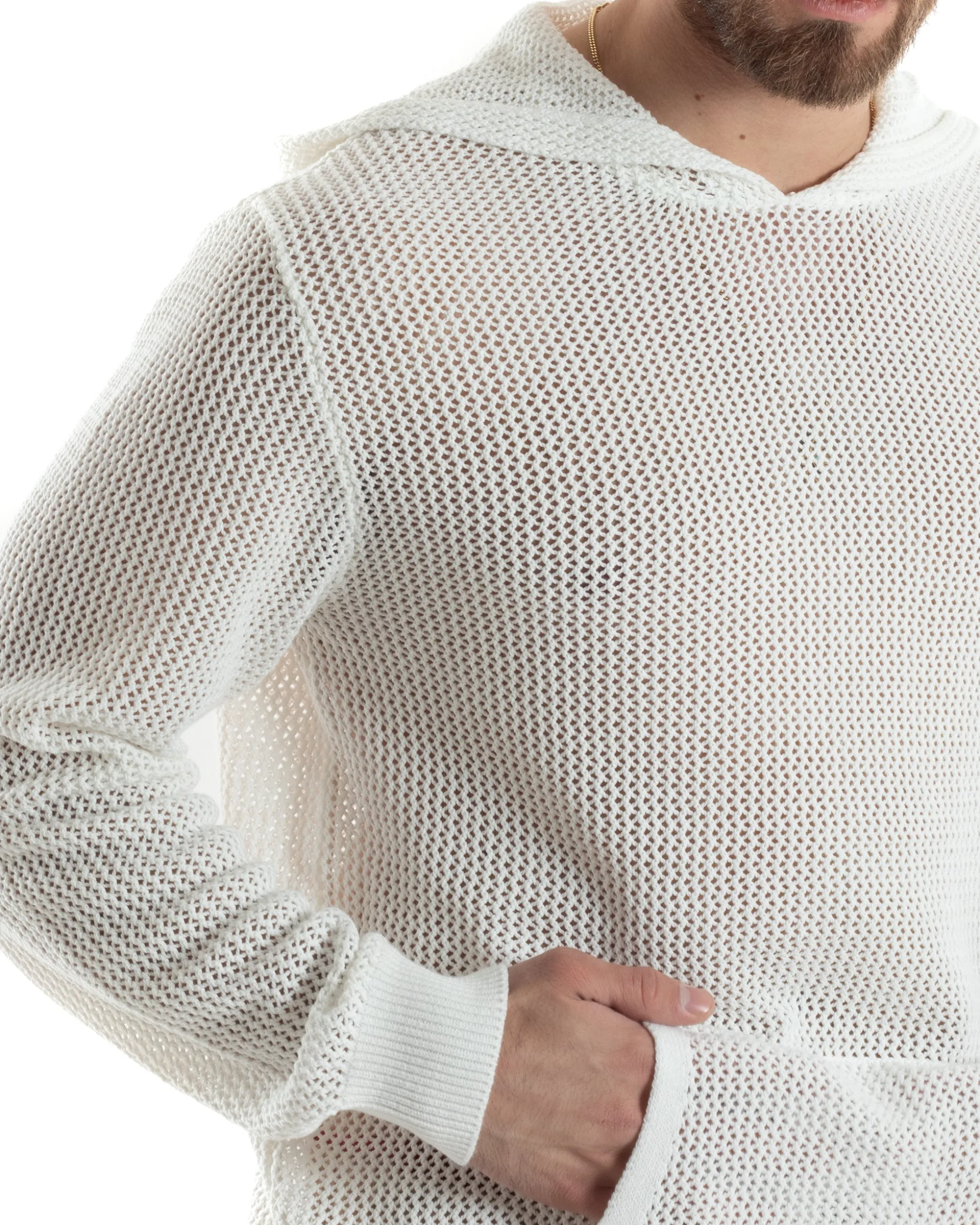 Maglioncino Uomo Traforato Con Cappuccio Maglia Bucata Tinta Unita Bianco GIOSAL-M2834A