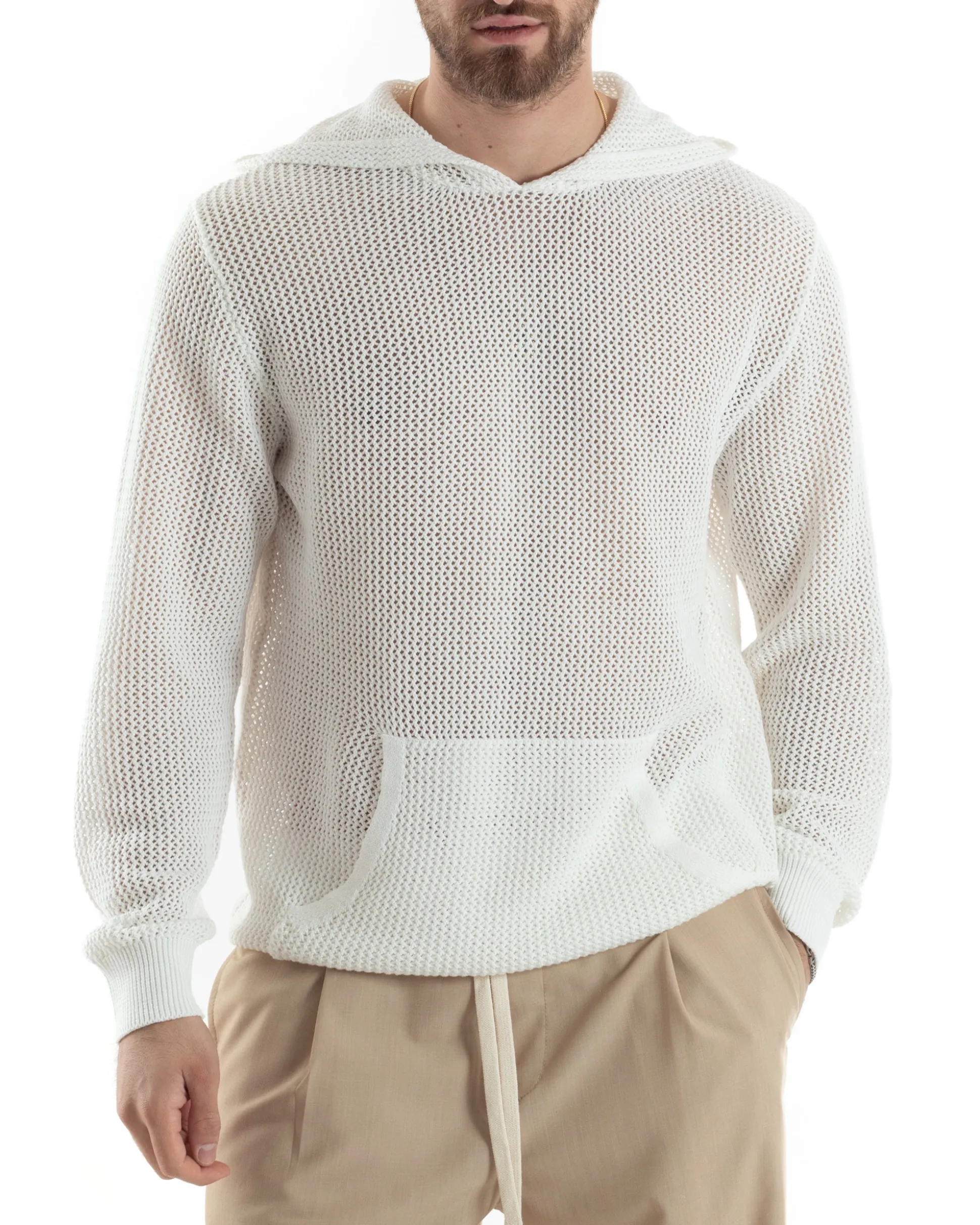 Maglioncino Uomo Traforato Con Cappuccio Maglia Bucata Tinta Unita Bianco GIOSAL-M2834A
