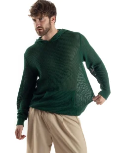 Maglioncino Uomo Traforato Con Cappuccio Maglia Bucata Tinta Unita Verde GIOSAL-M2835A