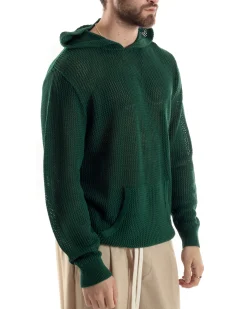 Maglioncino Uomo Traforato Con Cappuccio Maglia Bucata Tinta Unita Verde GIOSAL-M2835A