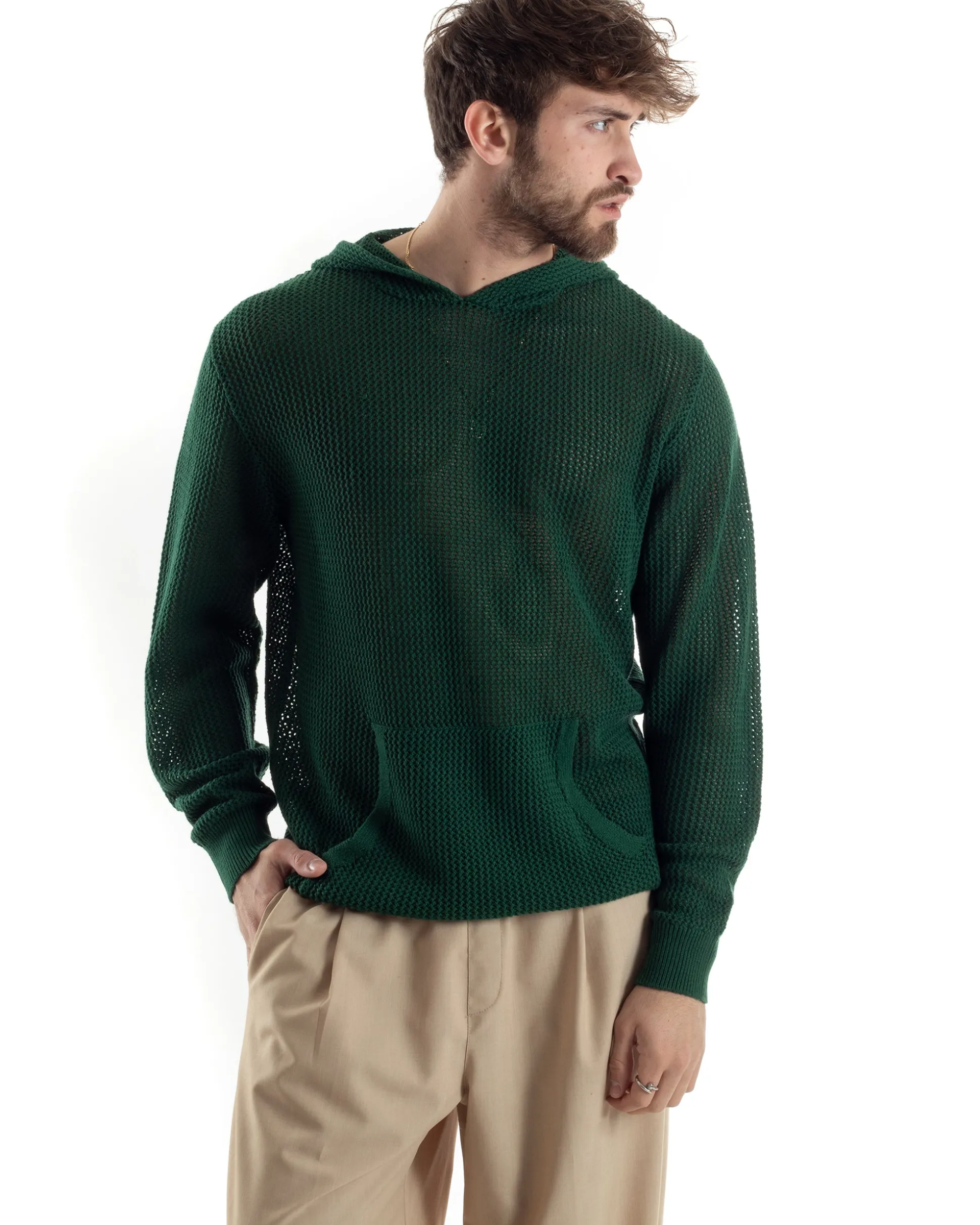 Maglioncino Uomo Traforato Con Cappuccio Maglia Bucata Tinta Unita Verde GIOSAL-M2835A
