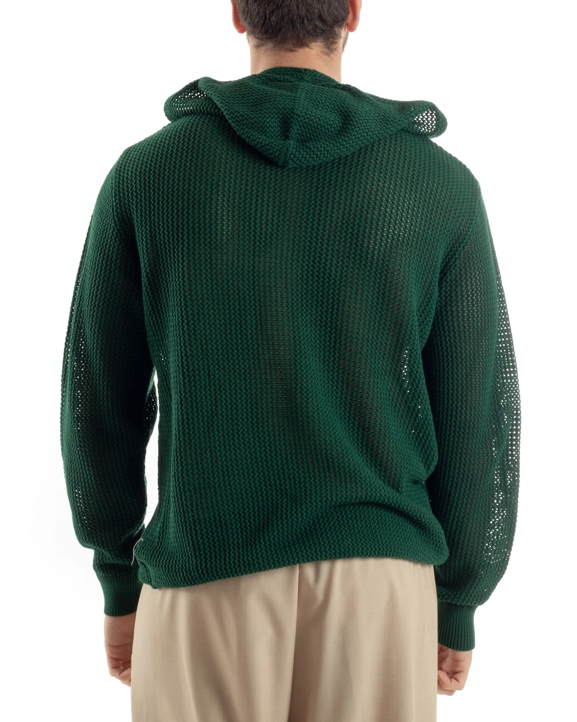 Maglioncino Uomo Traforato Con Cappuccio Maglia Bucata Tinta Unita Verde GIOSAL-M2835A