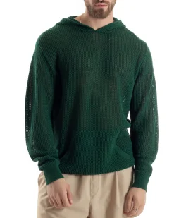 Maglioncino Uomo Traforato Con Cappuccio Maglia Bucata Tinta Unita Verde GIOSAL-M2835A