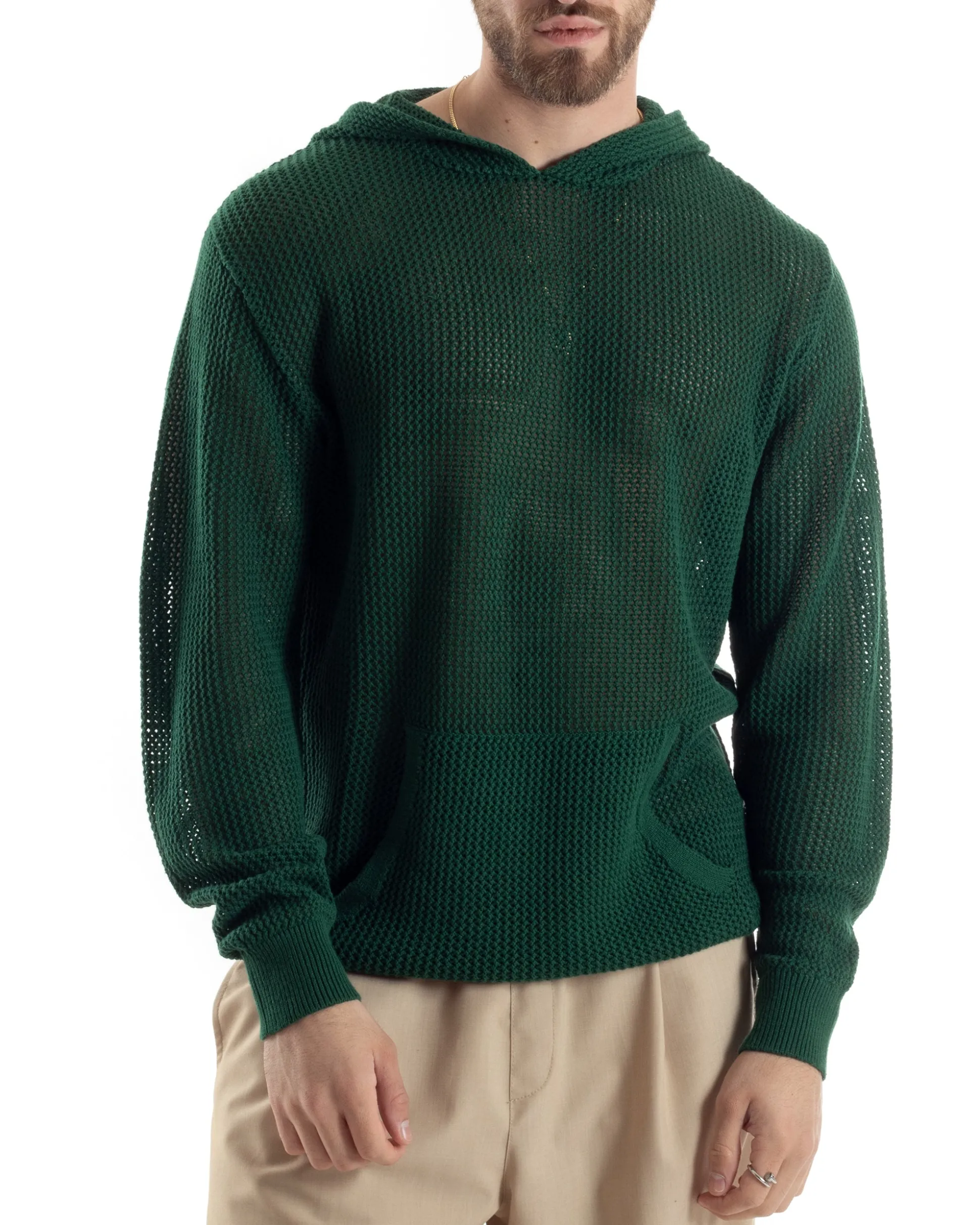 Maglioncino Uomo Traforato Con Cappuccio Maglia Bucata Tinta Unita Verde GIOSAL-M2835A