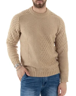 Maglione Intrecciato Uomo Girocollo Con Trecce Maglia Maglioncino Beige GIOSAL-M2797A