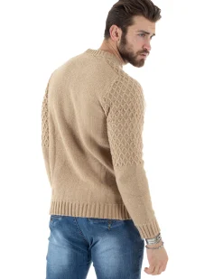 Maglione Intrecciato Uomo Girocollo Con Trecce Maglia Maglioncino Beige GIOSAL-M2797A