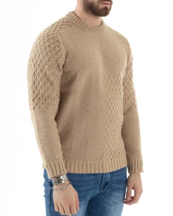 Maglione Intrecciato Uomo Girocollo Con Trecce Maglia Maglioncino Beige GIOSAL-M2797A