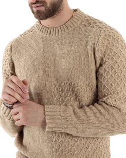 Maglione Intrecciato Uomo Girocollo Con Trecce Maglia Maglioncino Beige GIOSAL-M2797A