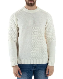 Maglione Intrecciato Uomo Girocollo Con Trecce Maglia Maglioncino Panna GIOSAL-M2795A