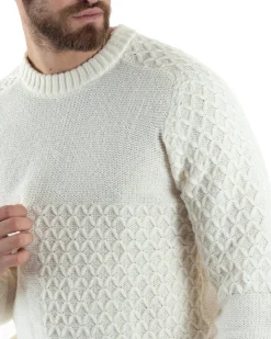 Maglione Intrecciato Uomo Girocollo Con Trecce Maglia Maglioncino Panna GIOSAL-M2795A