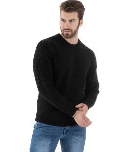 Maglione Intrecciato Uomo Girocollo Con Trecce Maglia Maglioncino Nero GIOSAL-M2796A