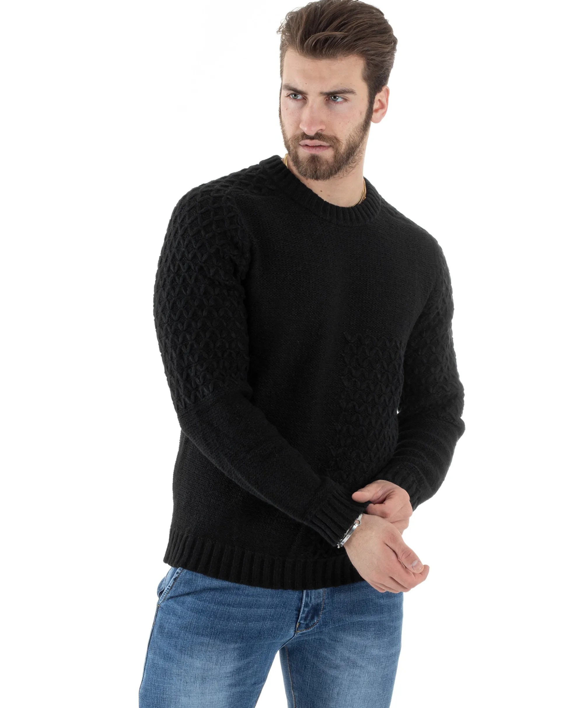 Maglione Intrecciato Uomo Girocollo Con Trecce Maglia Maglioncino Nero GIOSAL-M2796A