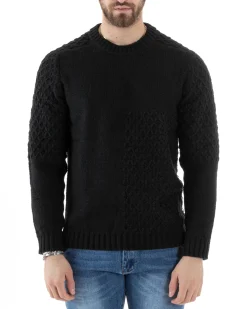 Maglione Intrecciato Uomo Girocollo Con Trecce Maglia Maglioncino Nero GIOSAL-M2796A