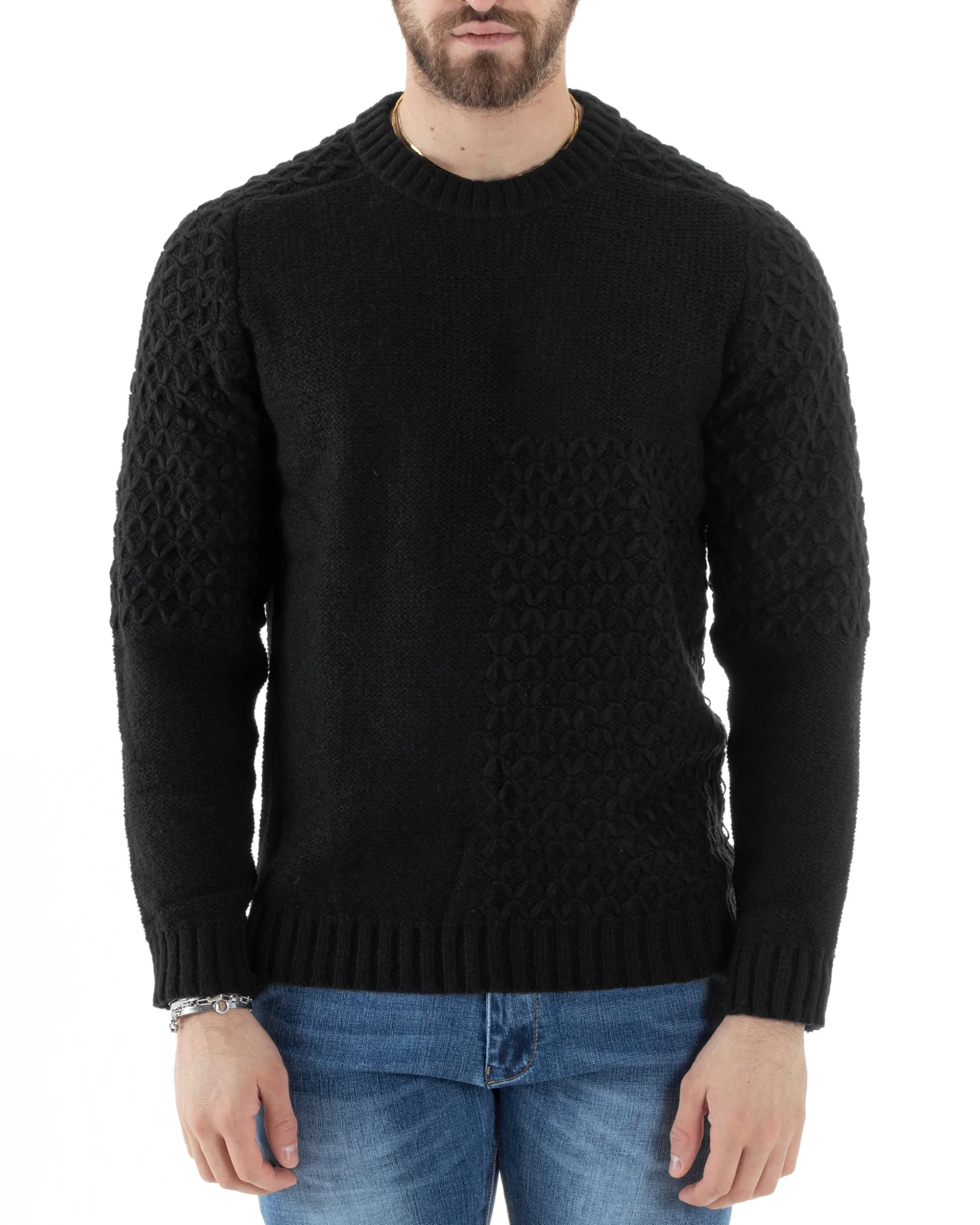 Maglione Intrecciato Uomo Girocollo Con Trecce Maglia Maglioncino Nero GIOSAL-M2796A