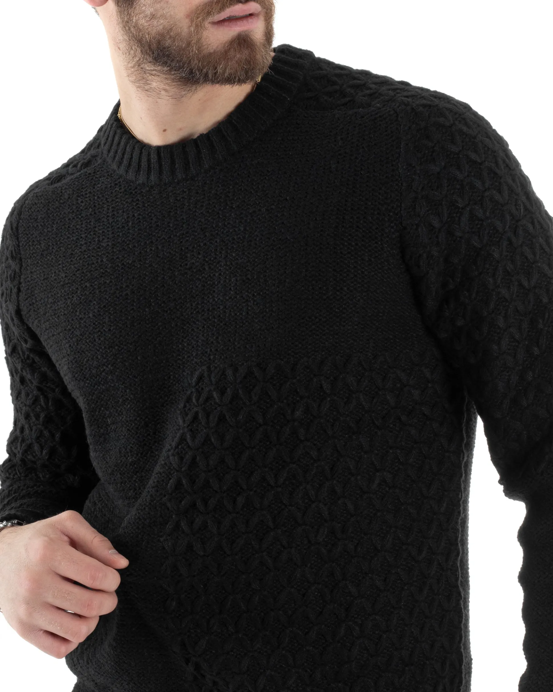Maglione Intrecciato Uomo Girocollo Con Trecce Maglia Maglioncino Nero GIOSAL-M2796A