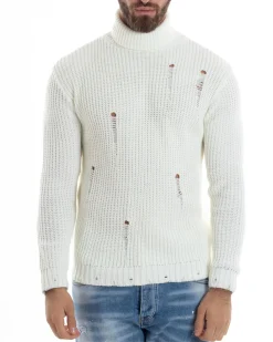 Maglione Uomo Collo Alto Con Rotture Lana Maglia Inglese Maglioncino Caldo Pullover Casual Comodo Bianco GIOSAL-M2931A