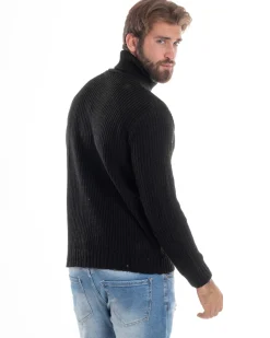 Maglione Uomo Collo Alto Con Rotture Lana Maglia Inglese Maglioncino Caldo Pullover Casual Comodo Nero GIOSAL-M2929A