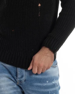 Maglione Uomo Collo Alto Con Rotture Lana Maglia Inglese Maglioncino Caldo Pullover Casual Comodo Nero GIOSAL-M2929A