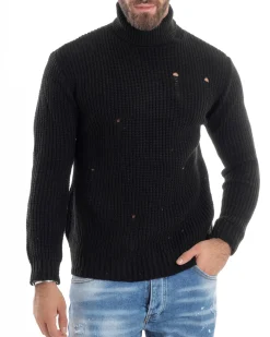 Maglione Uomo Collo Alto Con Rotture Lana Maglia Inglese Maglioncino Caldo Pullover Casual Comodo Nero GIOSAL-M2929A
