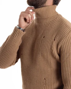 Maglione Uomo Collo Alto Con Rotture Lana Maglia Inglese Maglioncino Caldo Pullover Casual Comodo Camel GIOSAL-M2930A