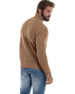 Maglione Uomo Collo Alto Con Rotture Lana Maglia Inglese Maglioncino Caldo Pullover Casual Comodo Camel GIOSAL-M2930A