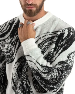 Maglione Uomo Girocollo Caldo Cotone Rasato Marmorizzato Maglia Maniche Lunghe Oversize Casual Bicolore Sfumata Panna GIOSAL-M2864A