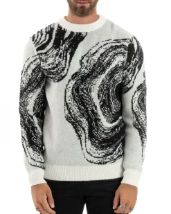 Maglione Uomo Girocollo Caldo Cotone Rasato Marmorizzato Maglia Maniche Lunghe Oversize Casual Bicolore Sfumata Panna GIOSAL-M2864A