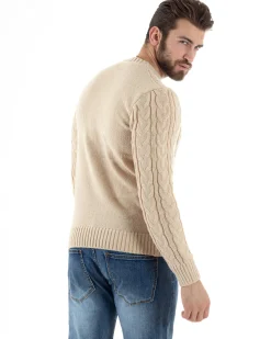 Maglione Uomo Girocollo Con Trecce Maglia Intrecciata Beige M2802A