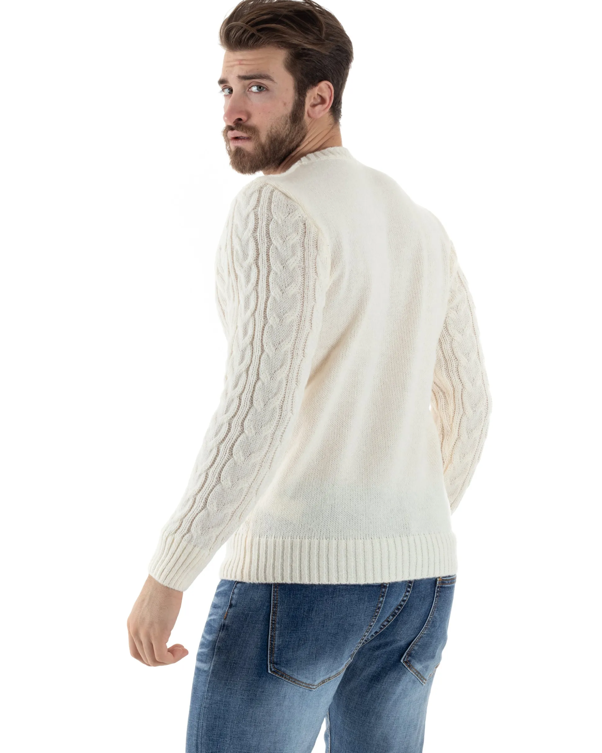 Maglione Uomo Girocollo Con Trecce Maglia Intrecciata Panna M2801A