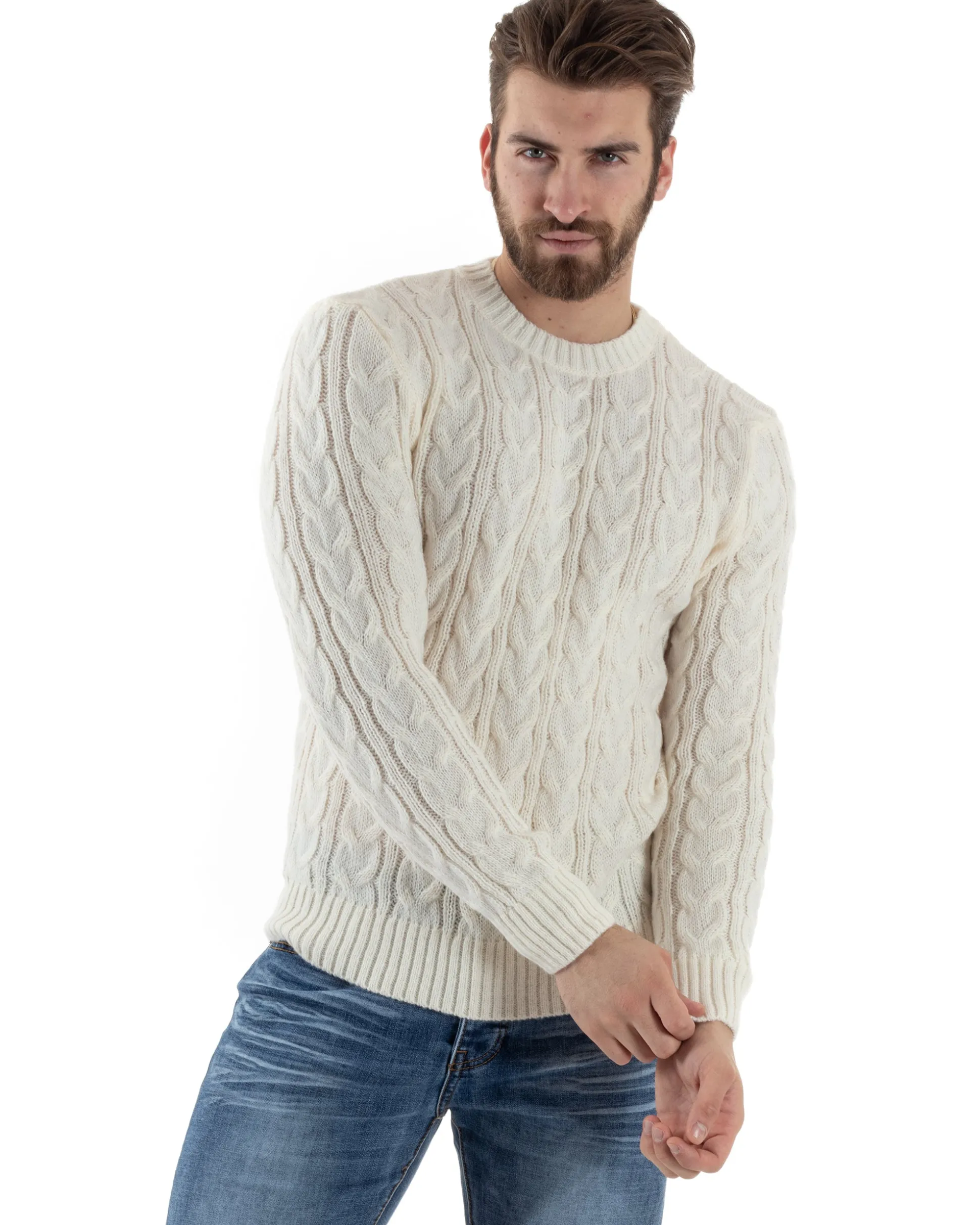 Maglione Uomo Girocollo Con Trecce Maglia Intrecciata Panna M2801A