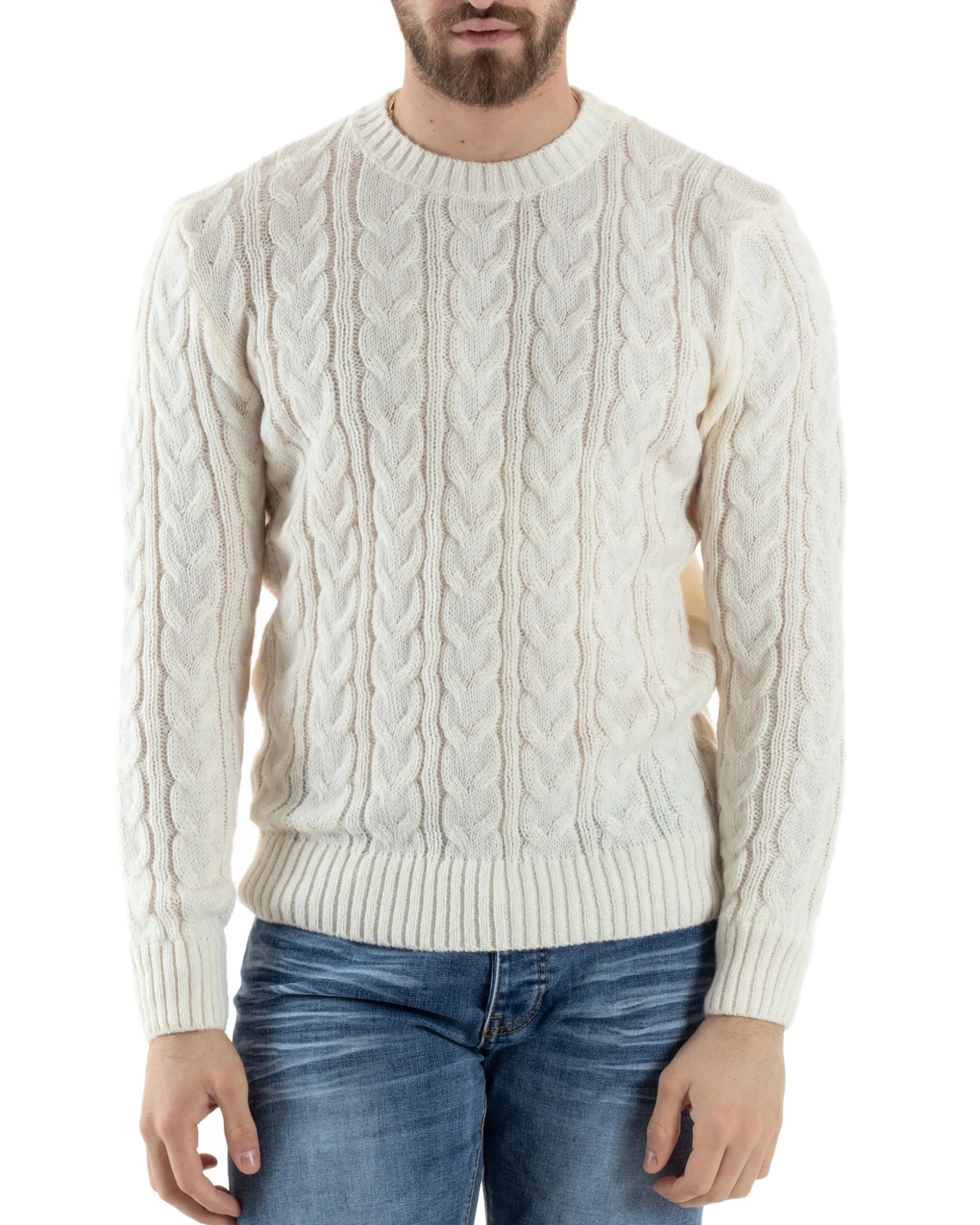 Maglione Uomo Girocollo Con Trecce Maglia Intrecciata Panna M2801A